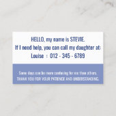 hallo alzheimers bewustzijn en noodcontact visitekaartje (Achterkant)