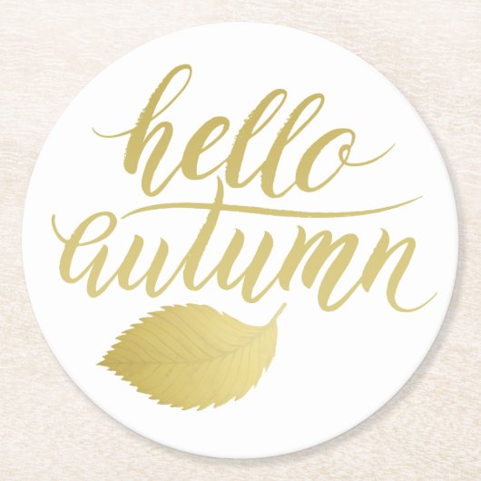 hallo Atumn | Faux Gold Brush-script Ronde Kartonnen Onderzetter (Voorkant)