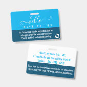 hallo autisme bewustzijn en noodcontact  badge (Voor- en achterkant)