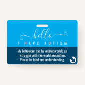hallo Autisme bewustzijn en noodcontact Badge (Voorkant)
