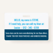 hallo Autisme bewustzijn en noodcontact Badge (Achterkant)