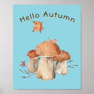 Hallo Autumn Dry Leaf Mushroom Waterverf Poster