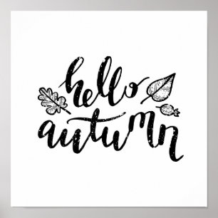 hallo Autumn Leaves Black en White Calligraphy Poster