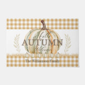 Hallo Autumn White Pumpkin Gingham Plaid Naam Deurmat (Voorkant)