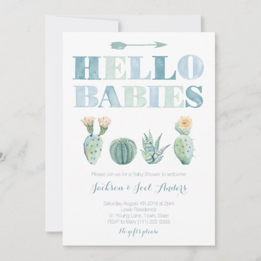 hallo Babies Twin Boys Cactus Baby shower Party Kaart (Voorkant)