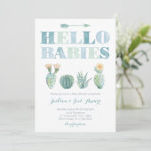 hallo Babies Twin Boys Cactus Baby shower Party Kaart (Staand voorkant)