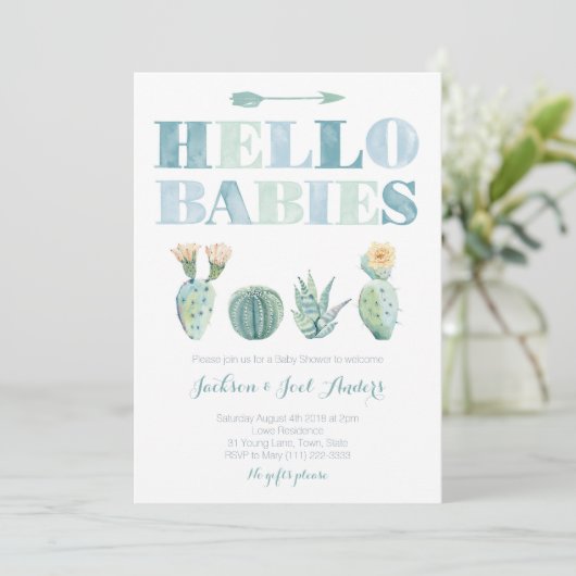 hallo Babies Twin Boys Cactus Baby shower Party Kaart (Staand voorkant)