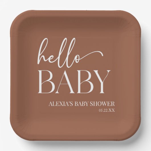 Hallo Baby Baby shower Brown Boho Bohemian Papieren Bordje (Voorkant)