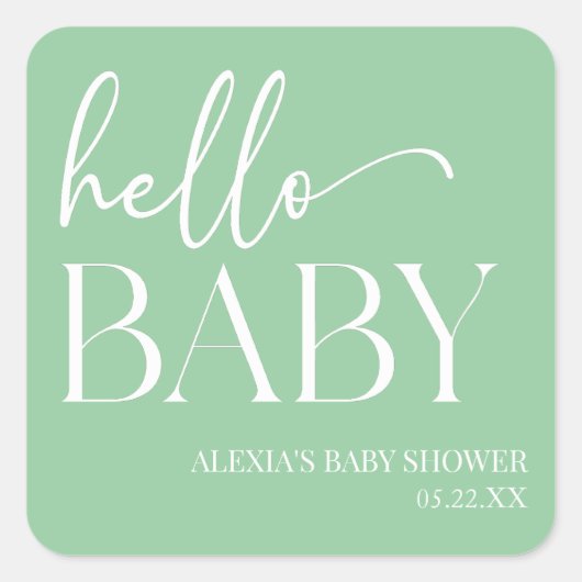Hallo Baby Baby shower Groene minimalist Vierkante Sticker (Voorkant)