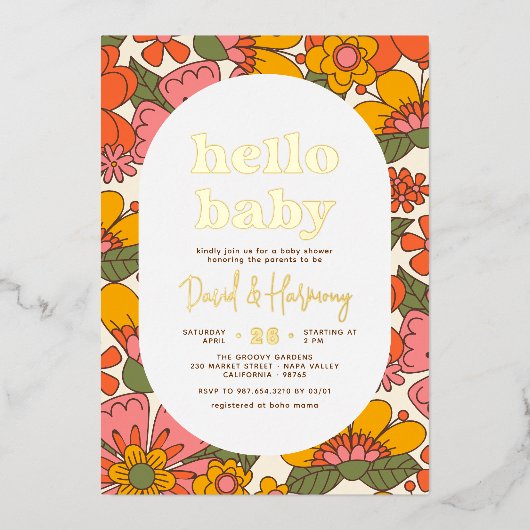 hallo Baby | Baby shower "Groovy Retro Floral Gold Folie Uitnodiging (Voorkant)