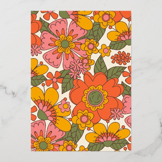 hallo Baby | Baby shower "Groovy Retro Floral Gold Folie Uitnodiging (Achterkant)