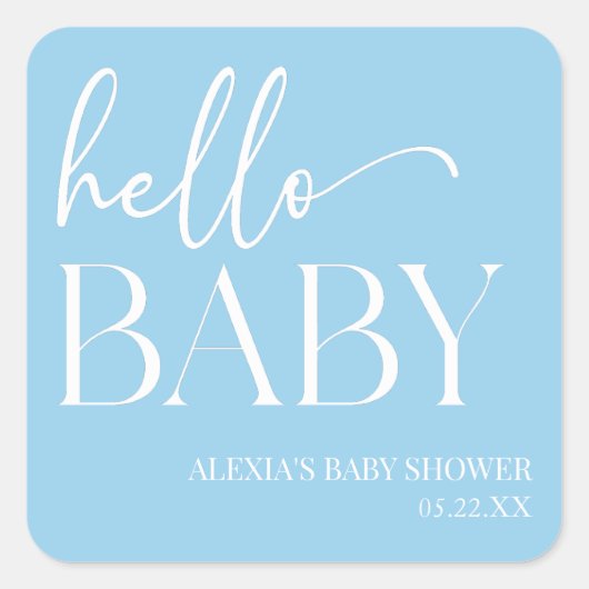 Hallo Baby Baby shower minimalistisch blauw Vierkante Sticker (Voorkant)