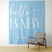 Hallo Baby Baby shower minimalistisch blauw Wandkleed (In situ)