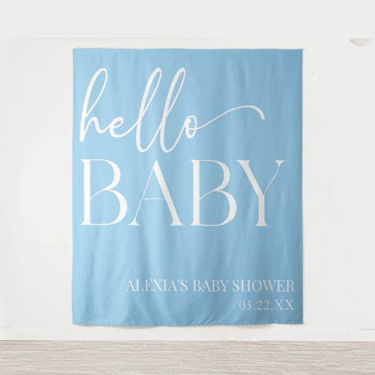 Hallo Baby Baby shower minimalistisch blauw Wandkleed (Voorkant)