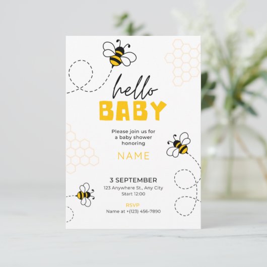 hallo baby, baby shower nodigen schattige bij uit kaart (Staand voorkant)