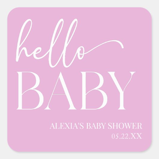 Hallo Baby Baby shower Roze Minimalist Vierkante Sticker (Voorkant)