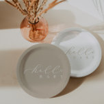 Hallo Baby Beige Script Minimalistisch Baby shower Papieren Bordje<br><div class="desc">We voegen altijd elke week nieuwe design toe!</div>