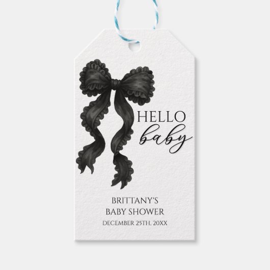 Hallo Baby Black Bow Baby shower Modern Cadeaulabel (Voorkant)