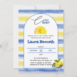 Hallo Baby Blauw & Gele Strepen Lemon Baby Shower Kaart