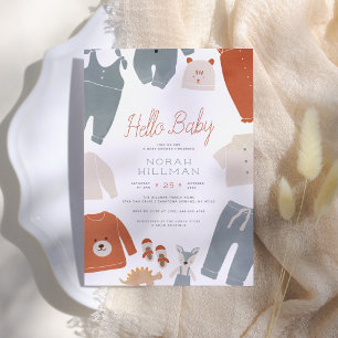 hallo Baby   Blue Boho Clothes Boy Baby shower Kaart