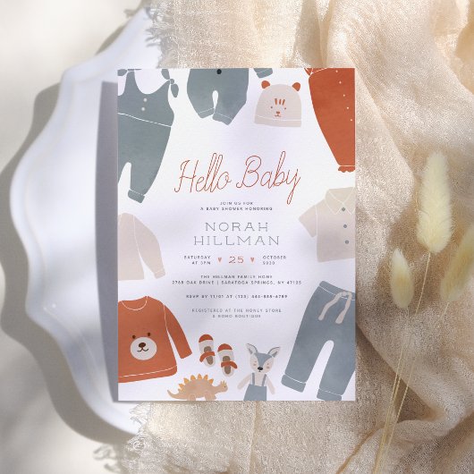 hallo Baby | Blue Boho Clothes Boy Baby shower Kaart