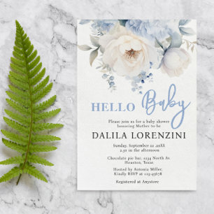 Hallo Baby Blue Floral Baby shower Uitnodiging