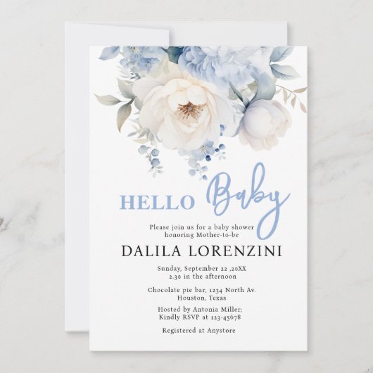 Hallo Baby Blue Floral Baby shower Uitnodiging (Voorkant)