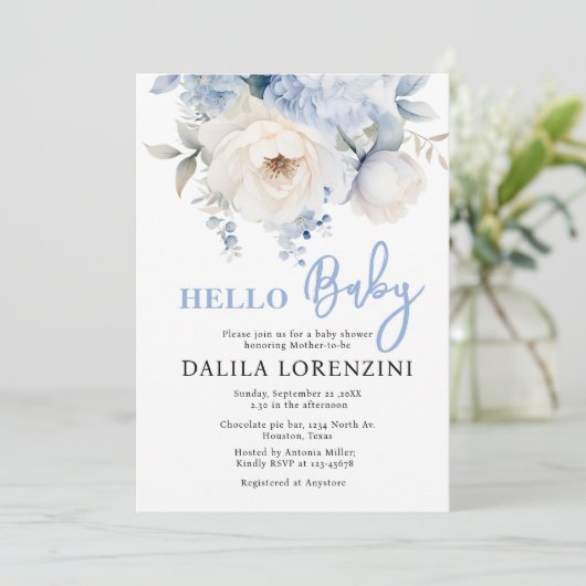 Hallo Baby Blue Floral Baby shower Uitnodiging (Staand voorkant)