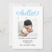 Hallo Baby Blue Hearts Script Birth Aankondiging (Voorkant)