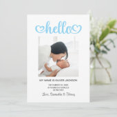 Hallo Baby Blue Hearts Script Birth Aankondiging (Staand voorkant)