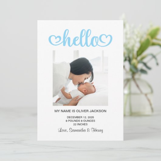 Hallo Baby Blue Hearts Script Birth Aankondiging (Staand voorkant)