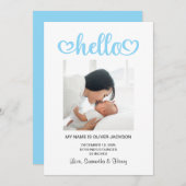 Hallo Baby Blue Hearts Script Birth Aankondiging (Voorkant / Achterkant)