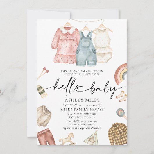hallo Baby Boho Clothes Baby shower Uitnodiging (Voorkant)
