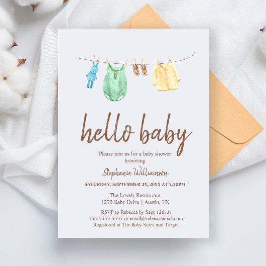 hallo Baby Boho Clothes Line Baby shower Invita Kaart