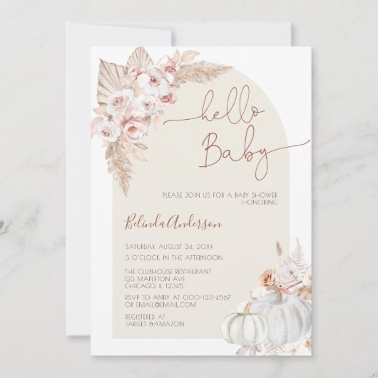 Hallo Baby Boho Pampas Grass Pumpkin Baby shower Kaart (Voorkant)