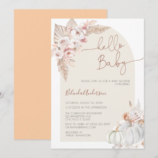 Hallo Baby Boho Pampas Grass Pumpkin Baby shower Kaart (Voorkant / Achterkant)