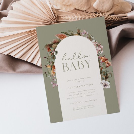 HALLO BABY | Botanische Boho Sage Baby shower Kaart