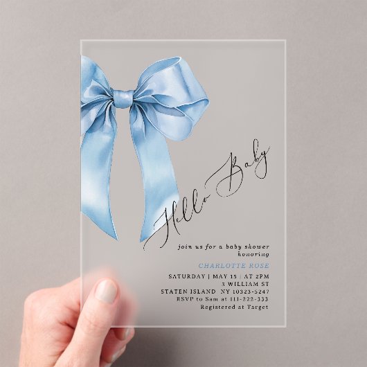 Hallo Baby Boy Blue bow Baby shower Acryl Uitnodigingen (Insitu (Draagbaar))