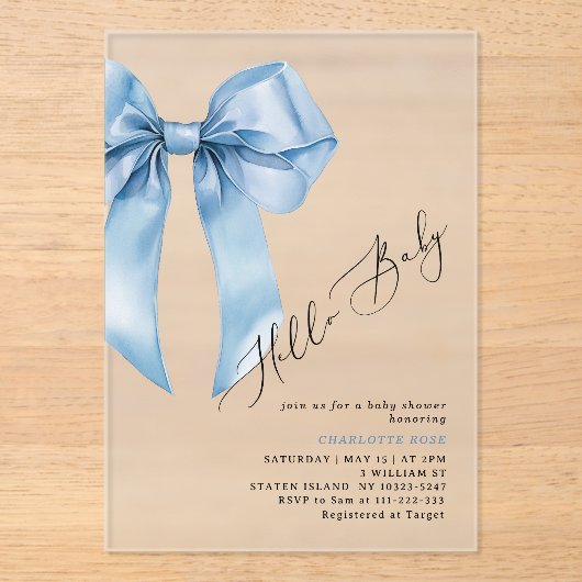 Hallo Baby Boy Blue bow Baby shower Acryl Uitnodigingen (Voorkant)