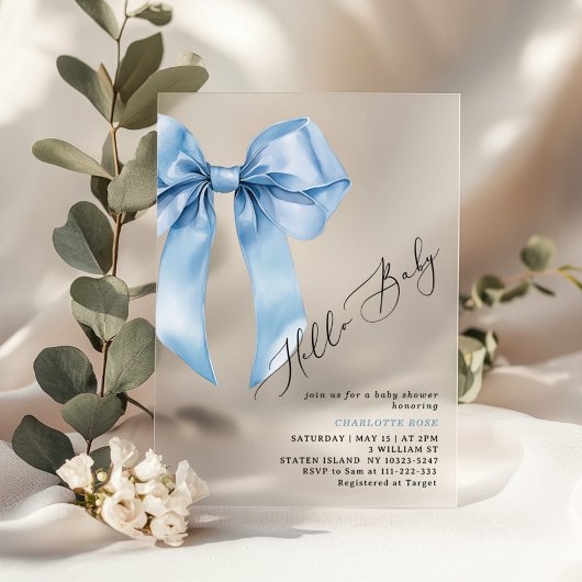 Hallo Baby Boy Blue bow Baby shower Acryl Uitnodigingen