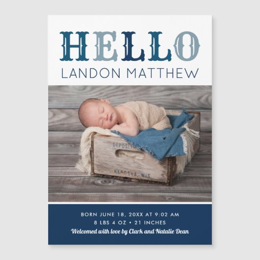 hallo Baby Boy Magnetic Photo Birth Notice (Voorkant)