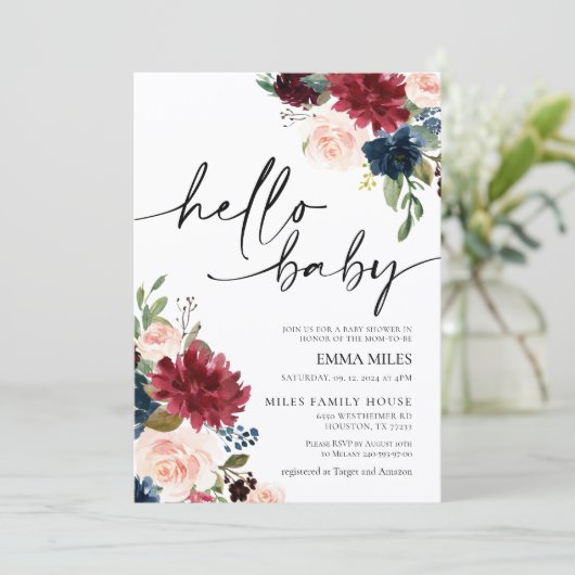 hallo Baby Burgundy Blush Baby shower Kaart (Staand voorkant)