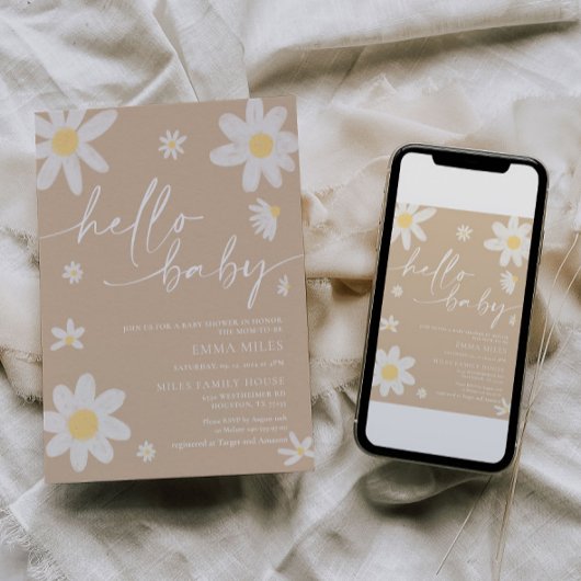 Hallo Baby Daisy Beige Baby shower Uitnodiging