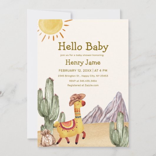 Hallo Baby Desert Cactus Llama Cowboy Baby shower Kaart (Voorkant)