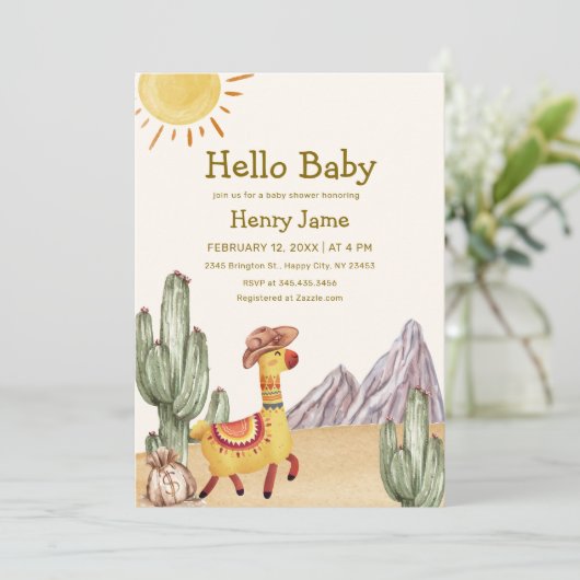 Hallo Baby Desert Cactus Llama Cowboy Baby shower Kaart (Staand voorkant)