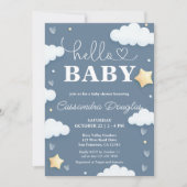 Hallo Baby Dusty Blue Clouds Modern Baby shower Kaart (Voorkant)