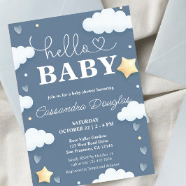 Hallo Baby Dusty Blue Clouds Modern Baby shower Kaart