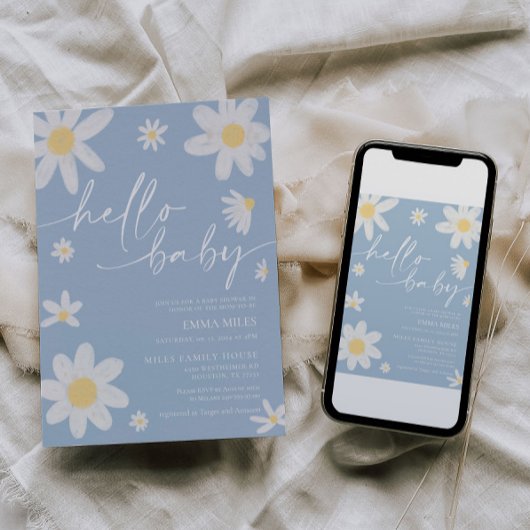 Hallo Baby Dusty Blue Daisy Baby shower Kaart