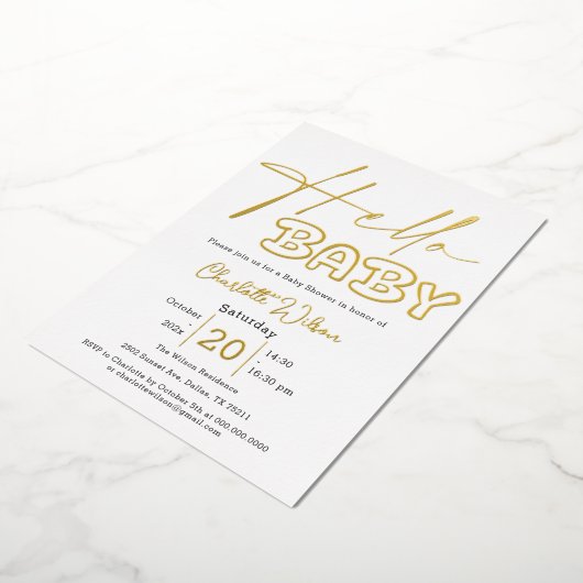 Hallo Baby Elegant Baby shower Folie Uitnodiging (Gedraaid)