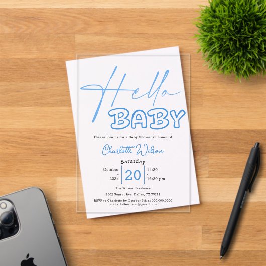Hallo Baby Elegant blauw Baby shower Acryl Uitnodigingen (Insitu (Uitnodiging))